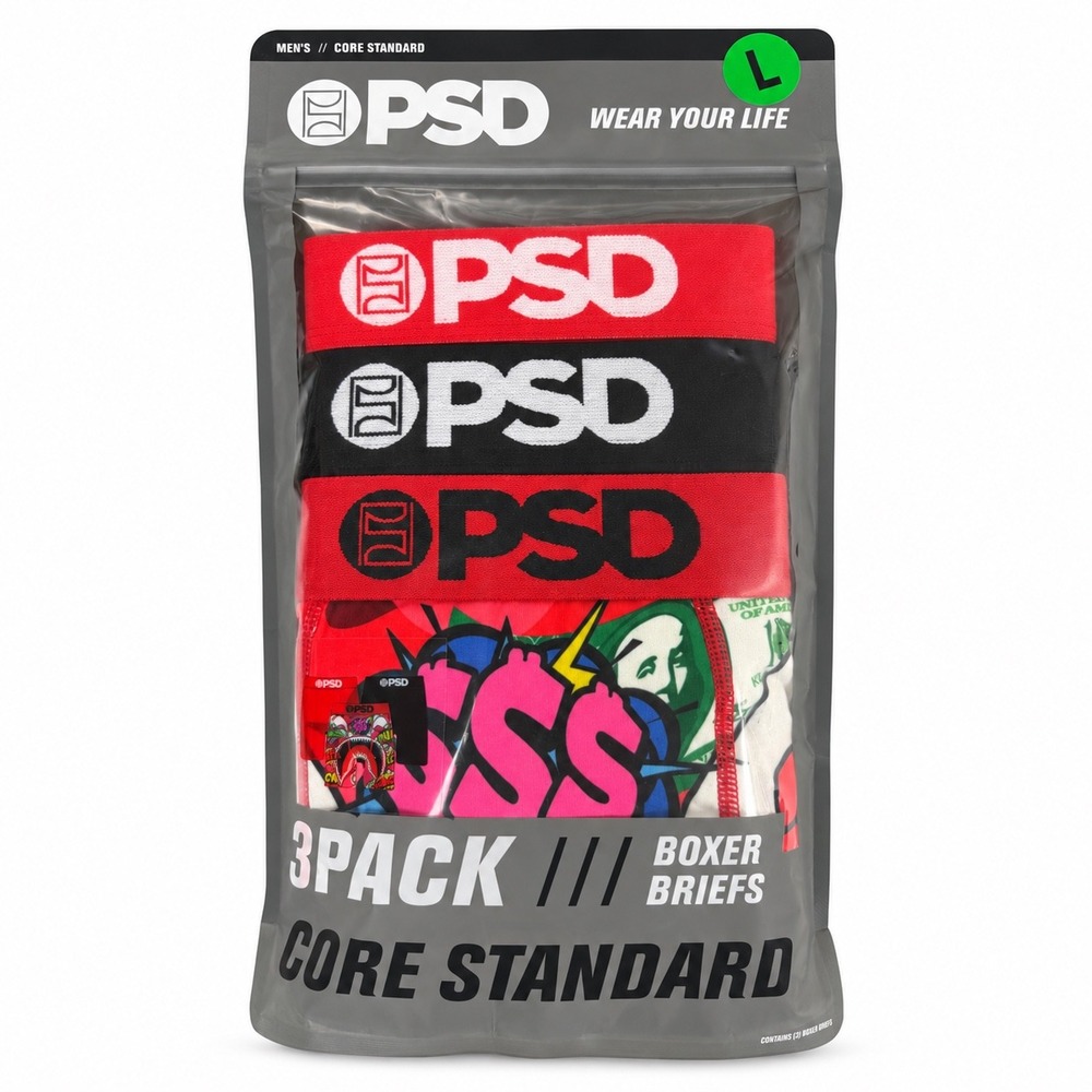 PSD Mens Core Standard 3 Pack Boxer Briefs Red Black Graphic Print Size Large
